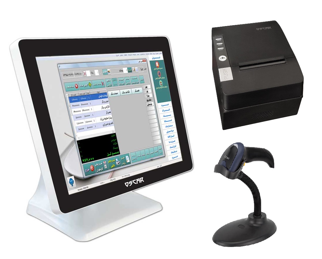 پکیج فروشگاه تک بعدی شامل TOUCH POS PARKER و بارکد اسکنر تی اسکن TS-10 و فیش پرینتر اسکار POS88C